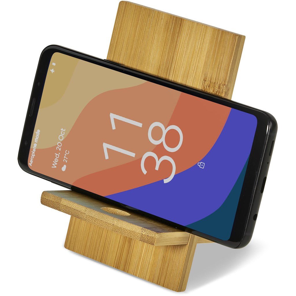 Okiyo Ekslens Bamboo Phone Stand - Brand your company Logo! Get a quote - Promo Lingo