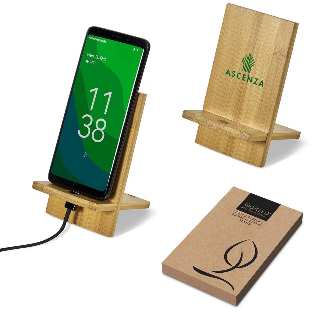 Okiyo Ekslens Bamboo Phone Stand - Brand your company Logo! Get a quote - Promo Lingo