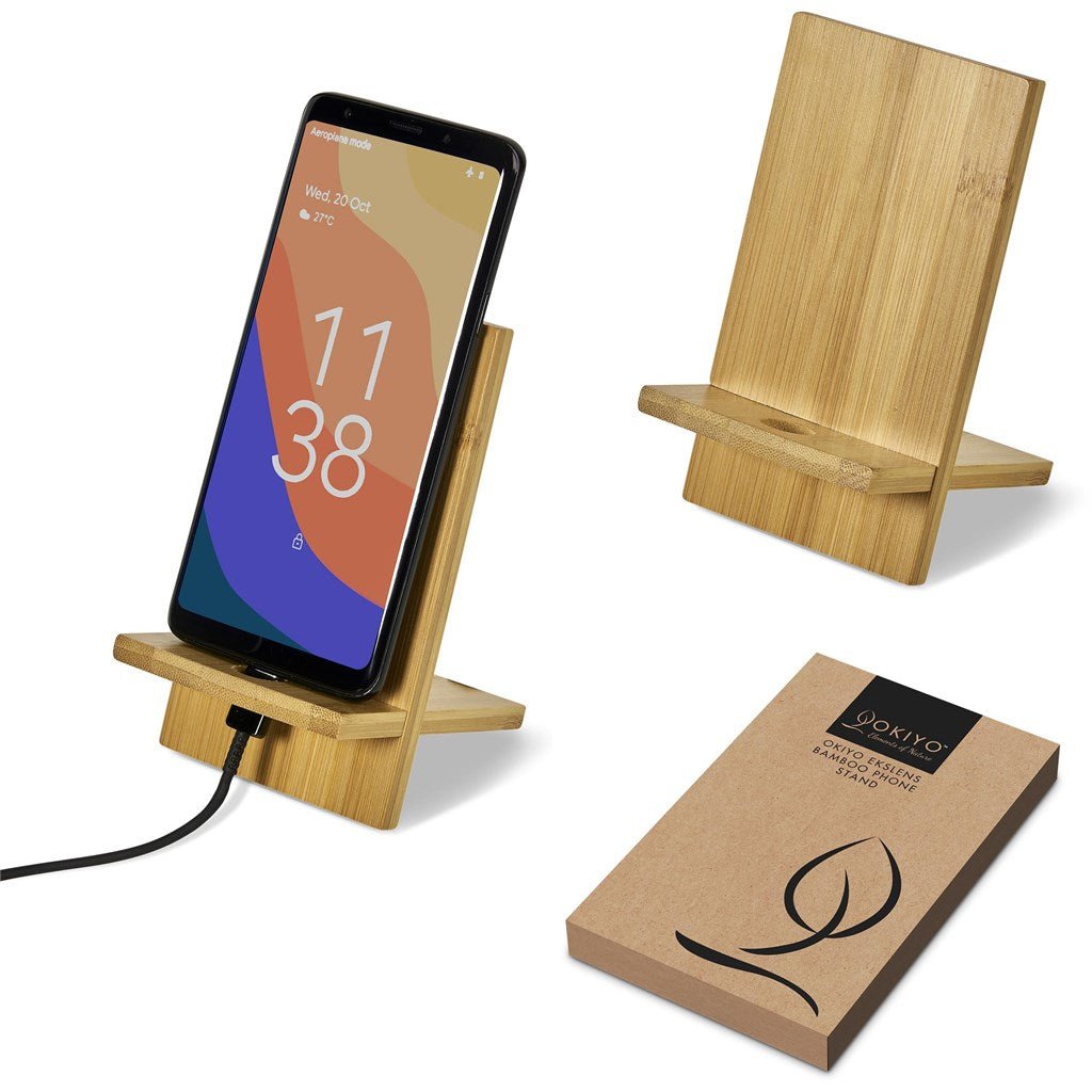 Okiyo Ekslens Bamboo Phone Stand - Brand your company Logo! Get a quote - Promo Lingo