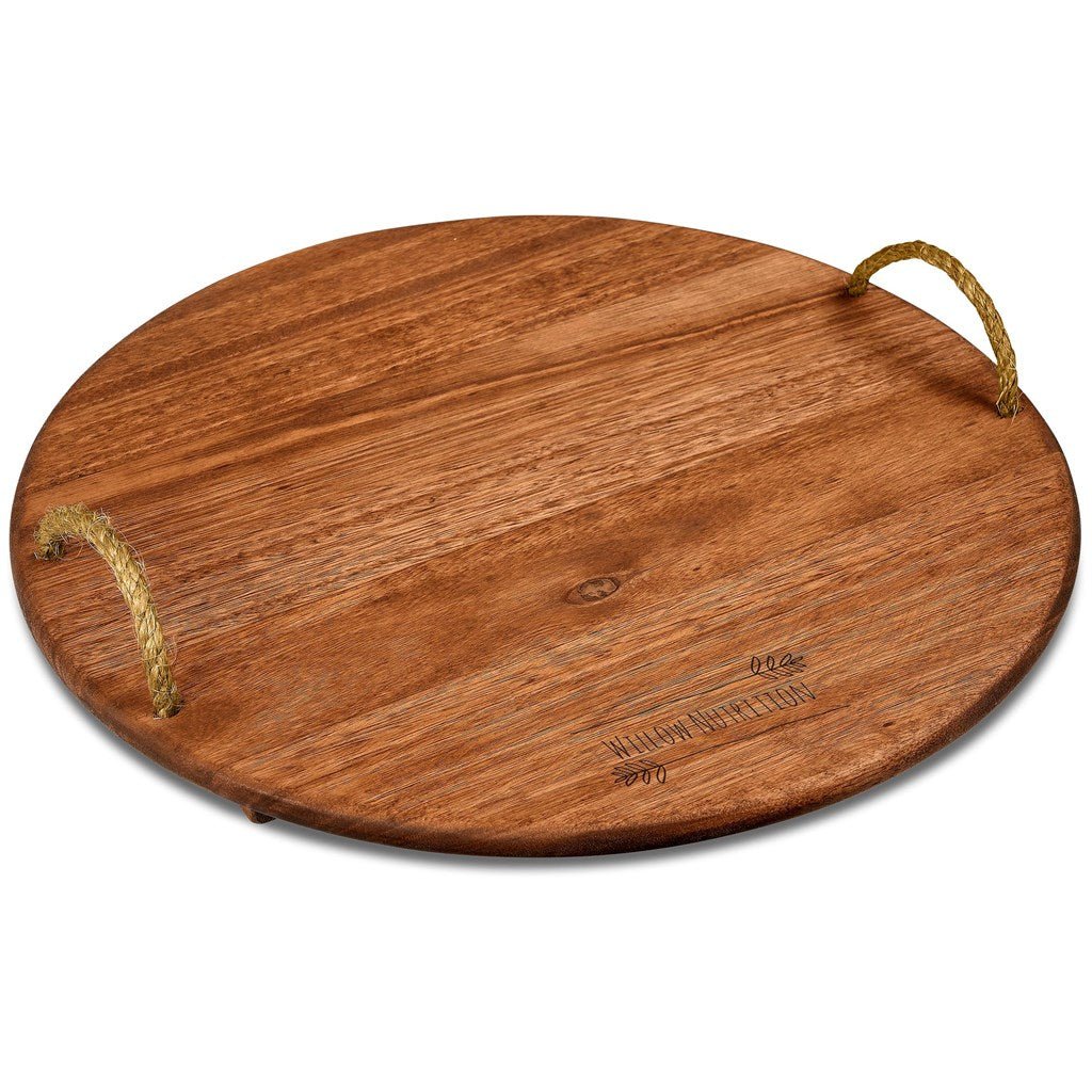 Okiyo Homegrown Large Round Hardwood Food Platter Unique Charm - Brand your company Logo! Get a quote - Promo Lingo