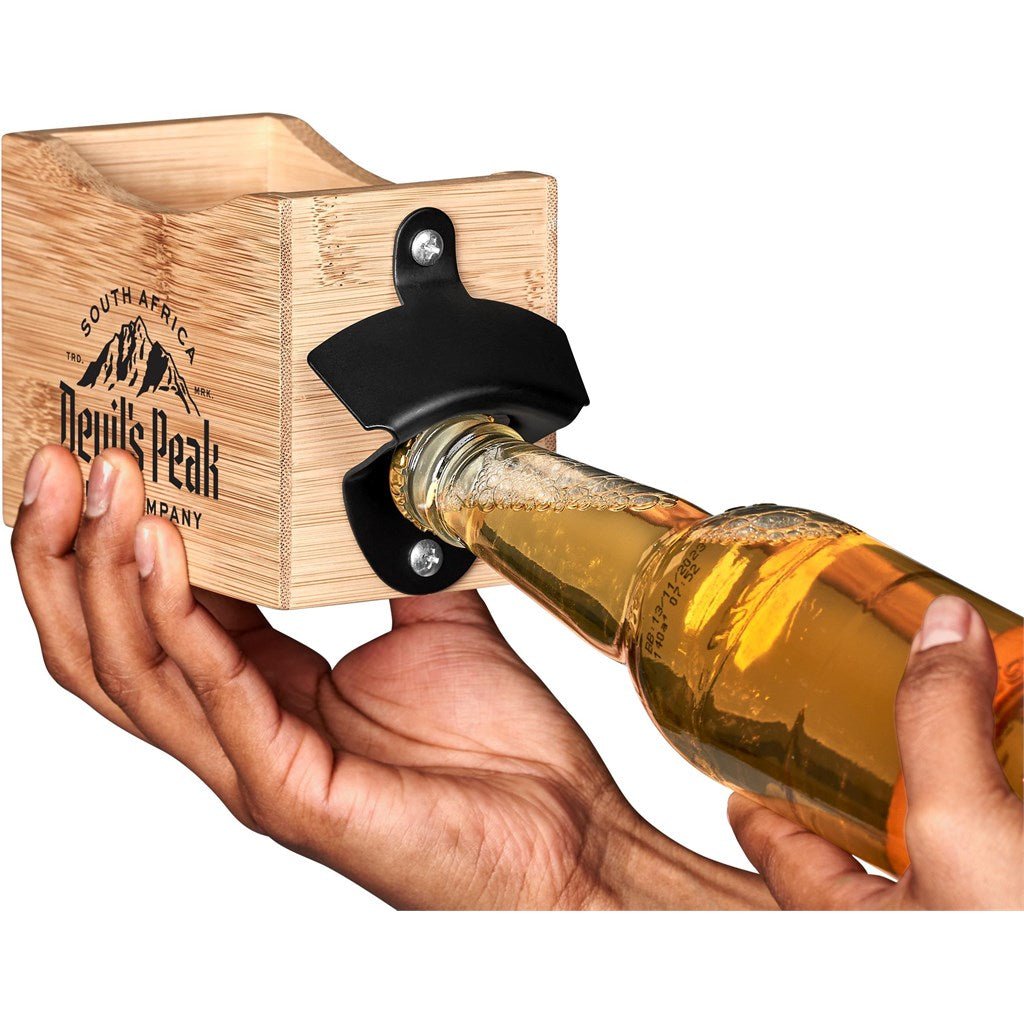 Okiyo Kanpai Bamboo Coaster & Bottle Opener Set Gift - Brand your company Logo! Get a quote - Promo Lingo