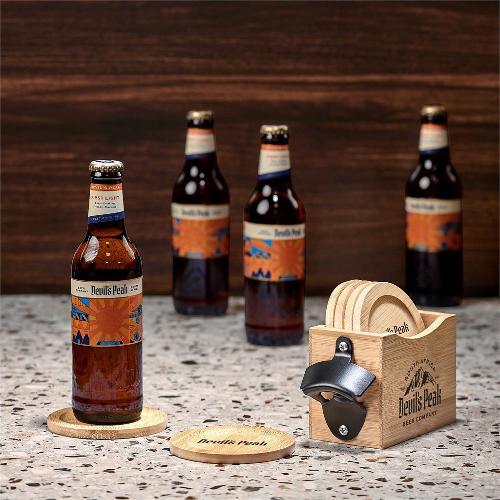 Okiyo Kanpai Bamboo Coaster & Bottle Opener Set Gift - Brand your company Logo! Get a quote - Promo Lingo