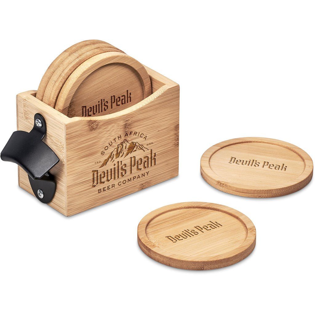 Okiyo Kanpai Bamboo Coaster & Bottle Opener Set Gift - Brand your company Logo! Get a quote - Promo Lingo