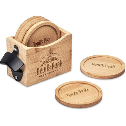 Okiyo Kanpai Bamboo Coaster & Bottle Opener Set Gift - Brand your company Logo! Get a quote - Promo Lingo