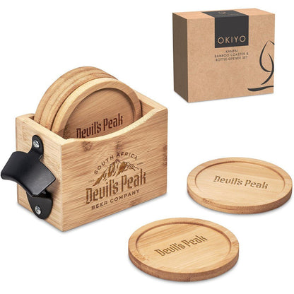 Okiyo Kanpai Bamboo Coaster & Bottle Opener Set Gift - Brand your company Logo! Get a quote - Promo Lingo