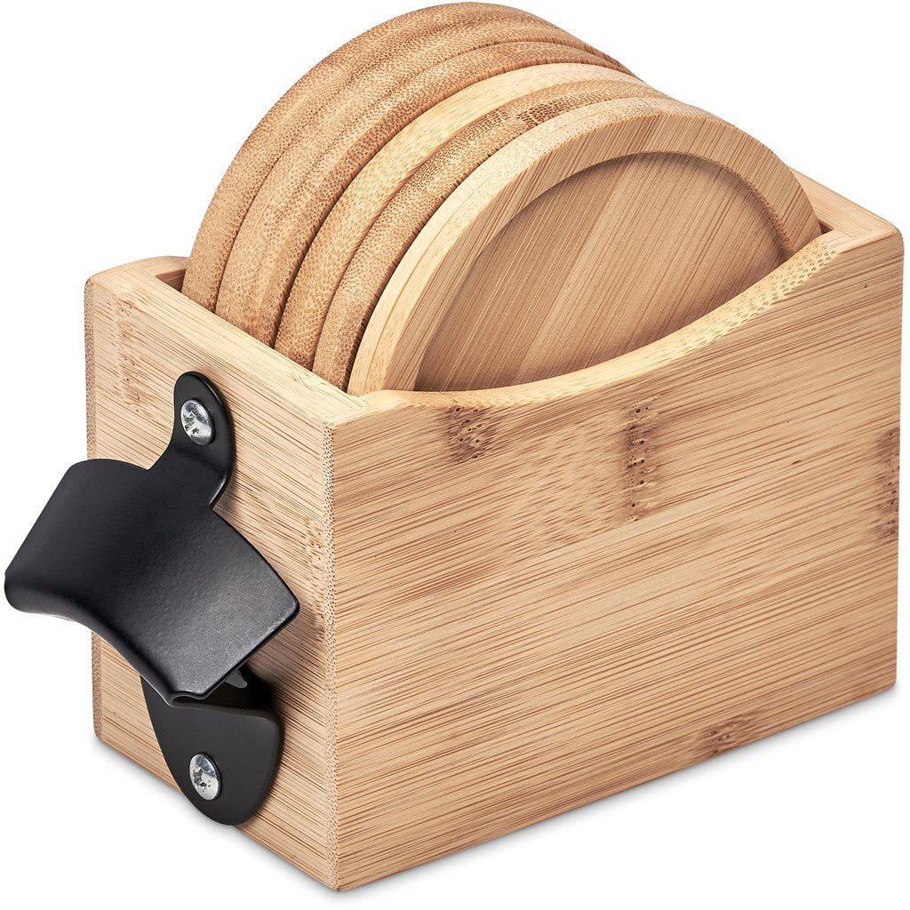 Okiyo Kanpai Bamboo Coaster & Bottle Opener Set Gift - Brand your company Logo! Get a quote - Promo Lingo