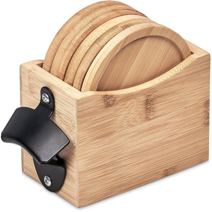 Okiyo Kanpai Bamboo Coaster & Bottle Opener Set Gift - Brand your company Logo! Get a quote - Promo Lingo