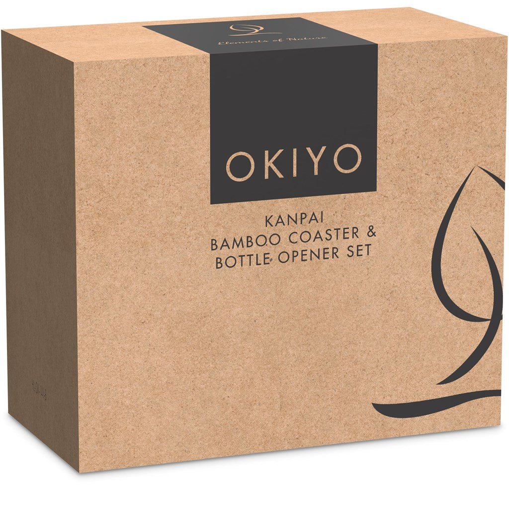 Okiyo Kanpai Bamboo Coaster & Bottle Opener Set Gift - Brand your company Logo! Get a quote - Promo Lingo