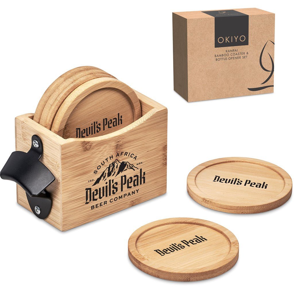 Okiyo Kanpai Bamboo Coaster & Bottle Opener Set Gift - Brand your company Logo! Get a quote - Promo Lingo