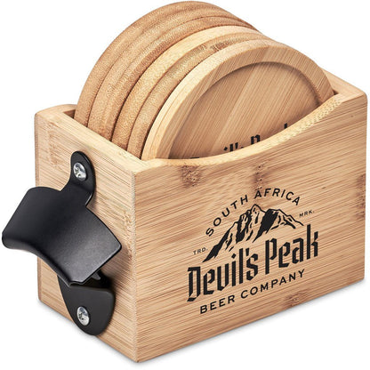 Okiyo Kanpai Bamboo Coaster & Bottle Opener Set Gift - Brand your company Logo! Get a quote - Promo Lingo