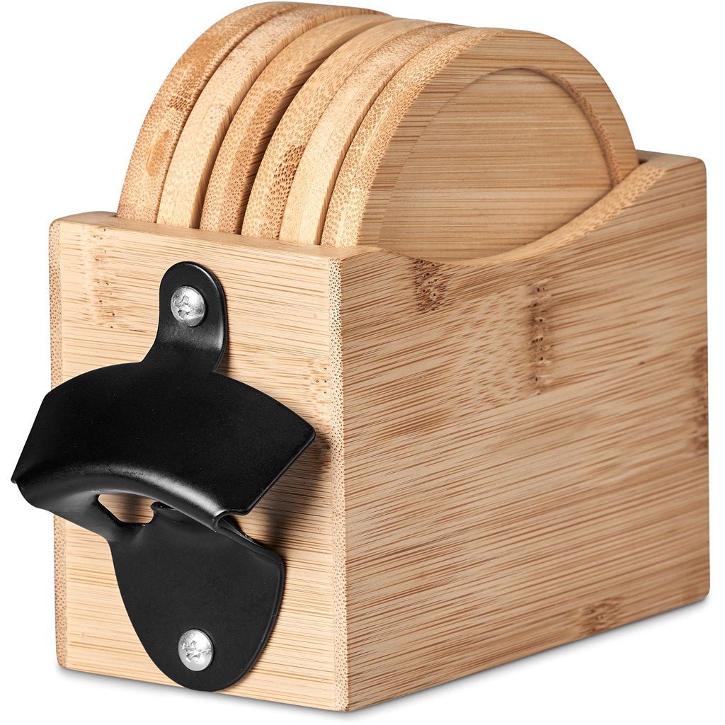 Okiyo Kanpai Bamboo Coaster & Bottle Opener Set Gift - Brand your company Logo! Get a quote - Promo Lingo
