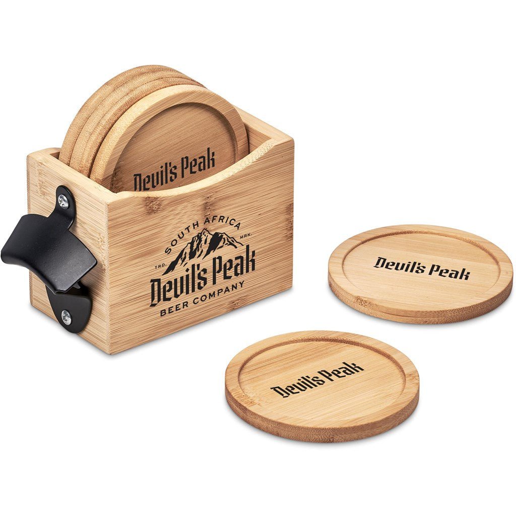 Okiyo Kanpai Bamboo Coaster & Bottle Opener Set Gift - Brand your company Logo! Get a quote - Promo Lingo