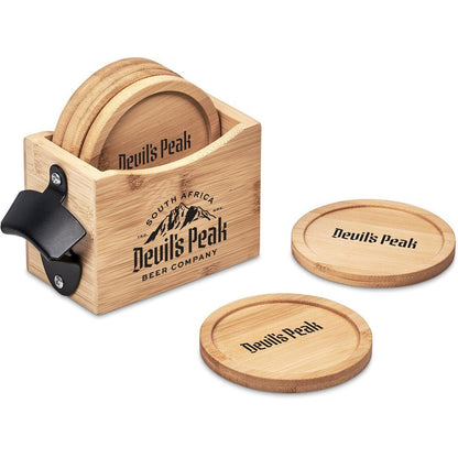 Okiyo Kanpai Bamboo Coaster & Bottle Opener Set Gift - Brand your company Logo! Get a quote - Promo Lingo
