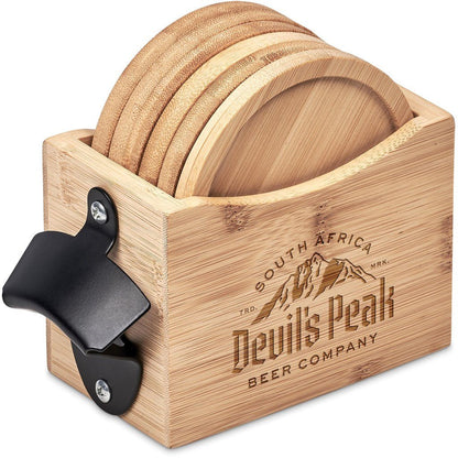 Okiyo Kanpai Bamboo Coaster & Bottle Opener Set Gift - Brand your company Logo! Get a quote - Promo Lingo