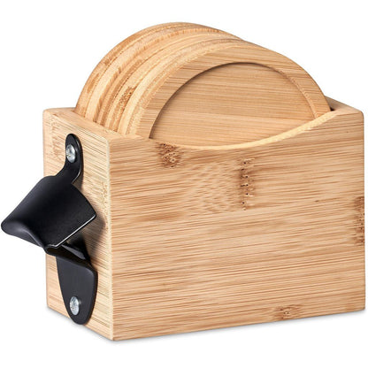 Okiyo Kanpai Bamboo Coaster & Bottle Opener Set Gift - Brand your company Logo! Get a quote - Promo Lingo