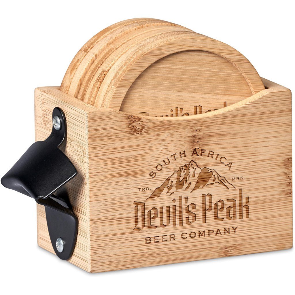 Okiyo Kanpai Bamboo Coaster & Bottle Opener Set Gift - Brand your company Logo! Get a quote - Promo Lingo