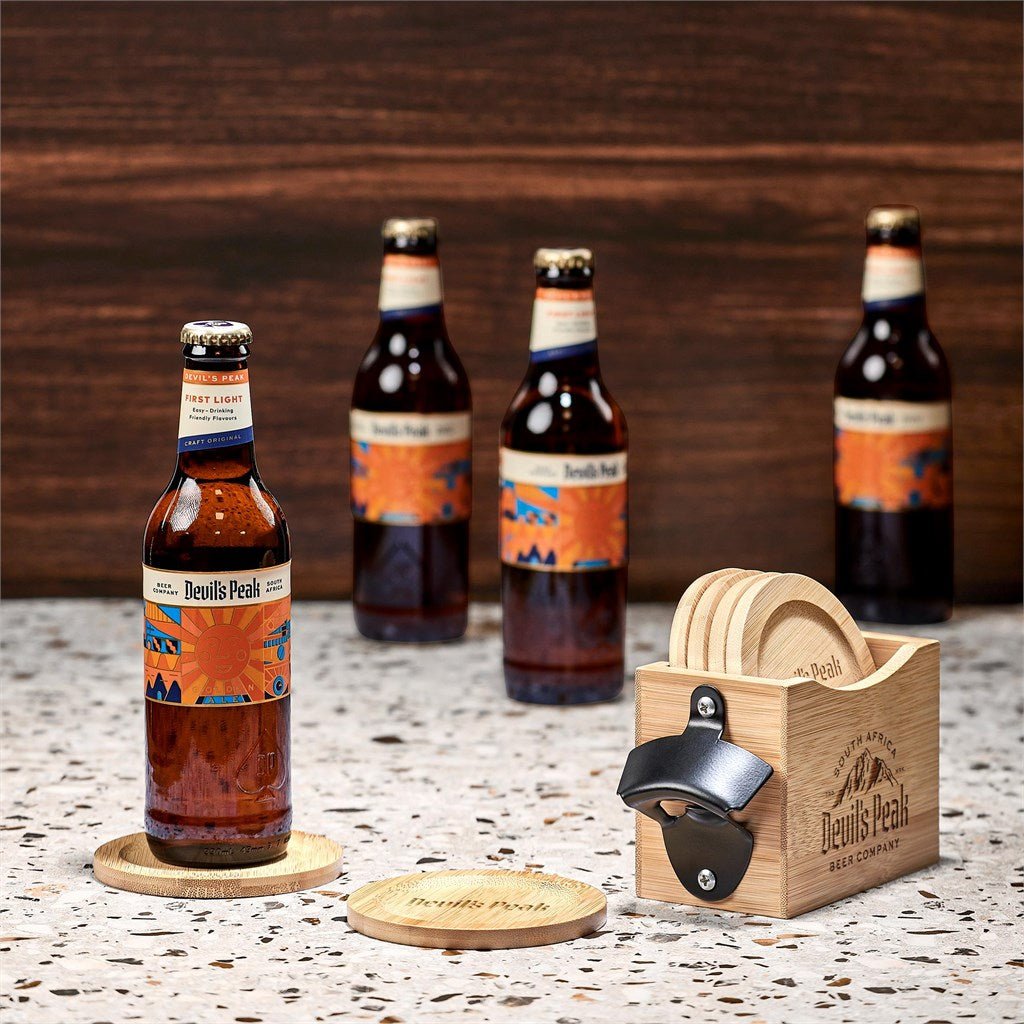 Okiyo Kanpai Bamboo Coaster & Bottle Opener Set Gift - Brand your company Logo! Get a quote - Promo Lingo