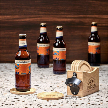 Okiyo Kanpai Bamboo Coaster & Bottle Opener Set Gift - Brand your company Logo! Get a quote - Promo Lingo