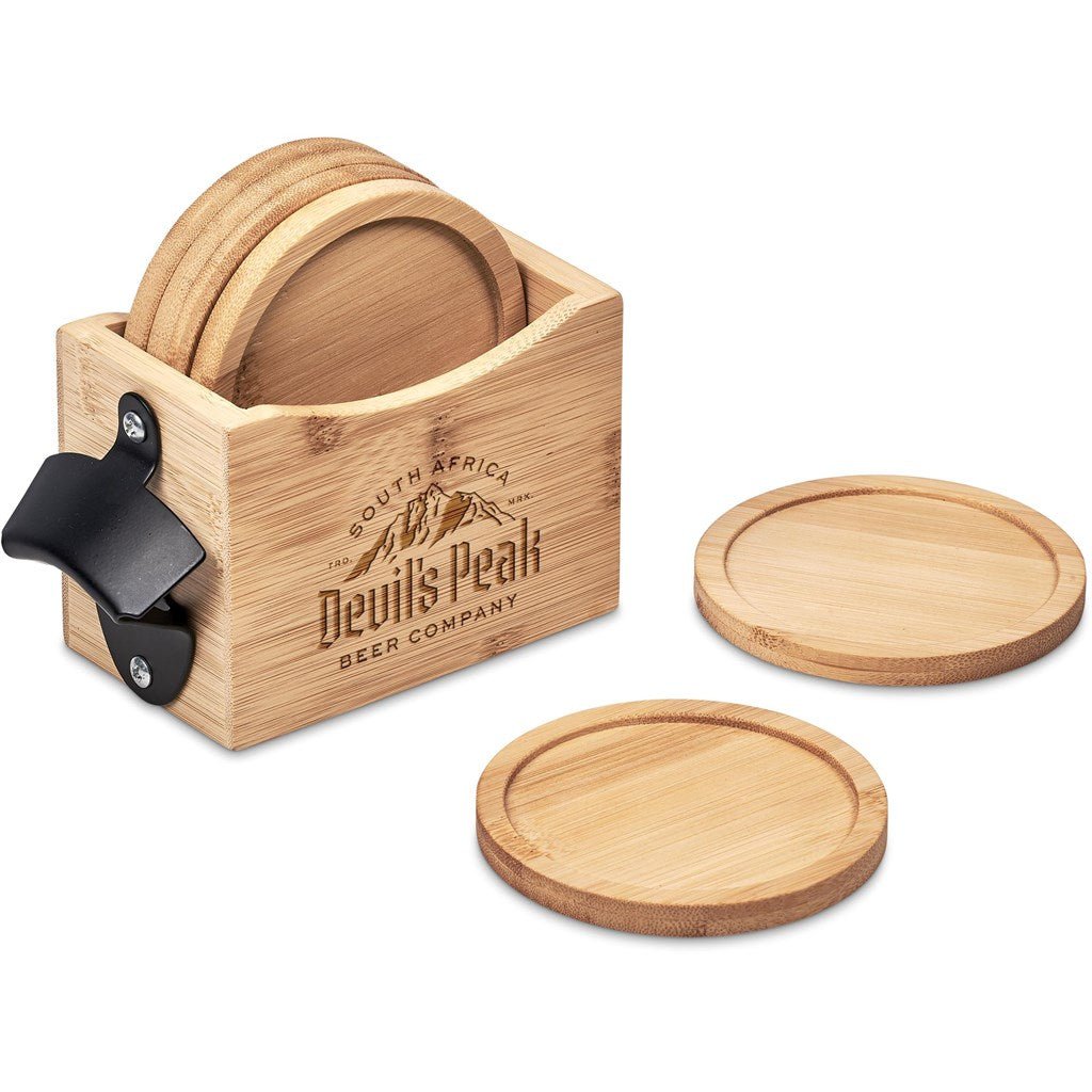 Okiyo Kanpai Bamboo Coaster & Bottle Opener Set Gift - Brand your company Logo! Get a quote - Promo Lingo