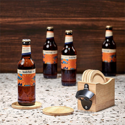 Okiyo Kanpai Bamboo Coaster & Bottle Opener Set Gift - Brand your company Logo! Get a quote - Promo Lingo