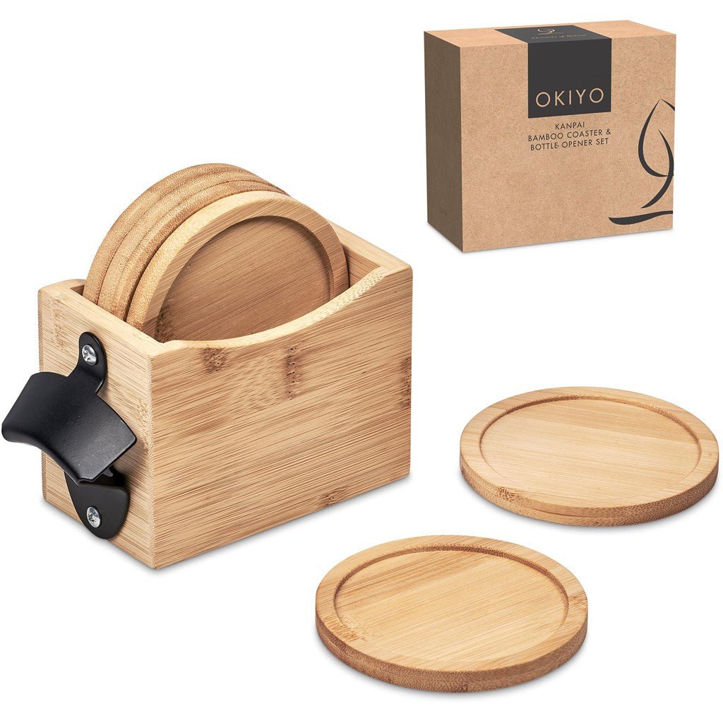 Okiyo Kanpai Bamboo Coaster & Bottle Opener Set Gift - Brand your company Logo! Get a quote - Promo Lingo