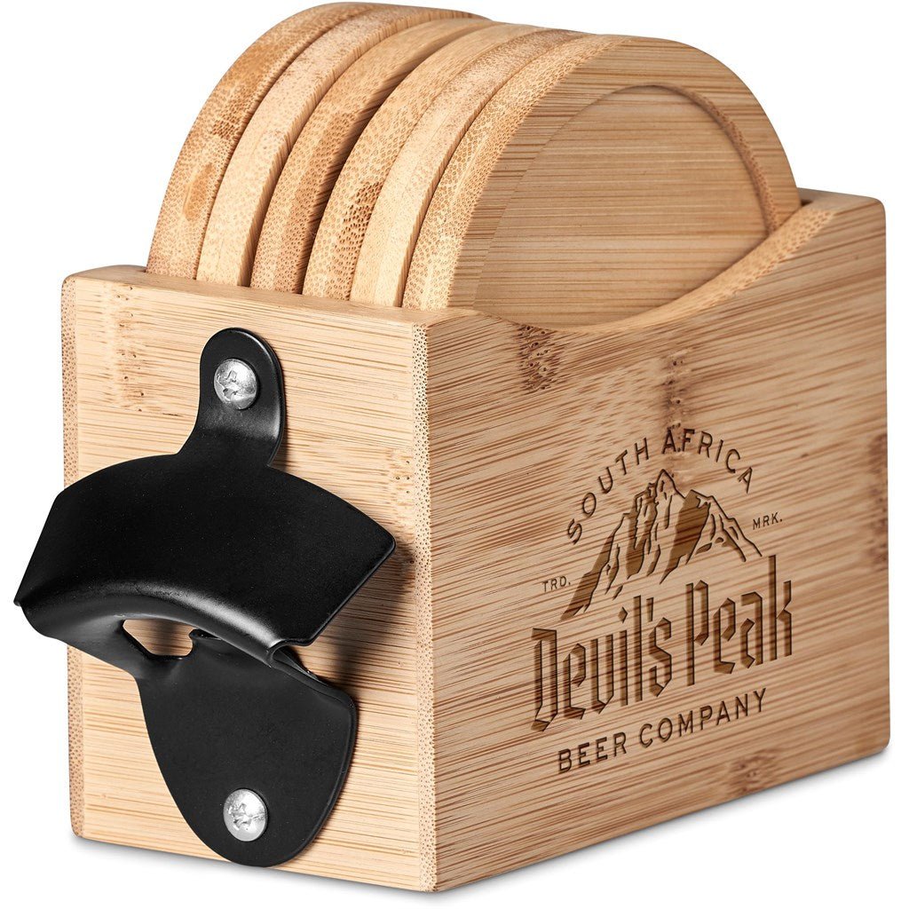Okiyo Kanpai Bamboo Coaster & Bottle Opener Set Gift - Brand your company Logo! Get a quote - Promo Lingo