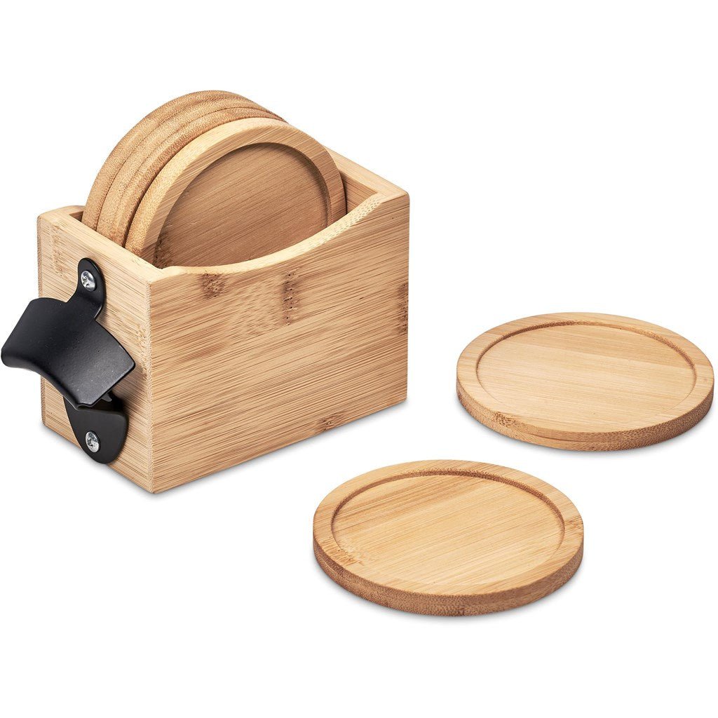Okiyo Kanpai Bamboo Coaster & Bottle Opener Set Gift - Brand your company Logo! Get a quote - Promo Lingo