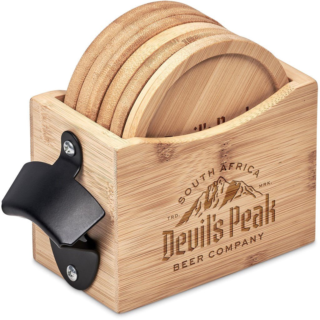 Okiyo Kanpai Bamboo Coaster & Bottle Opener Set Gift - Brand your company Logo! Get a quote - Promo Lingo