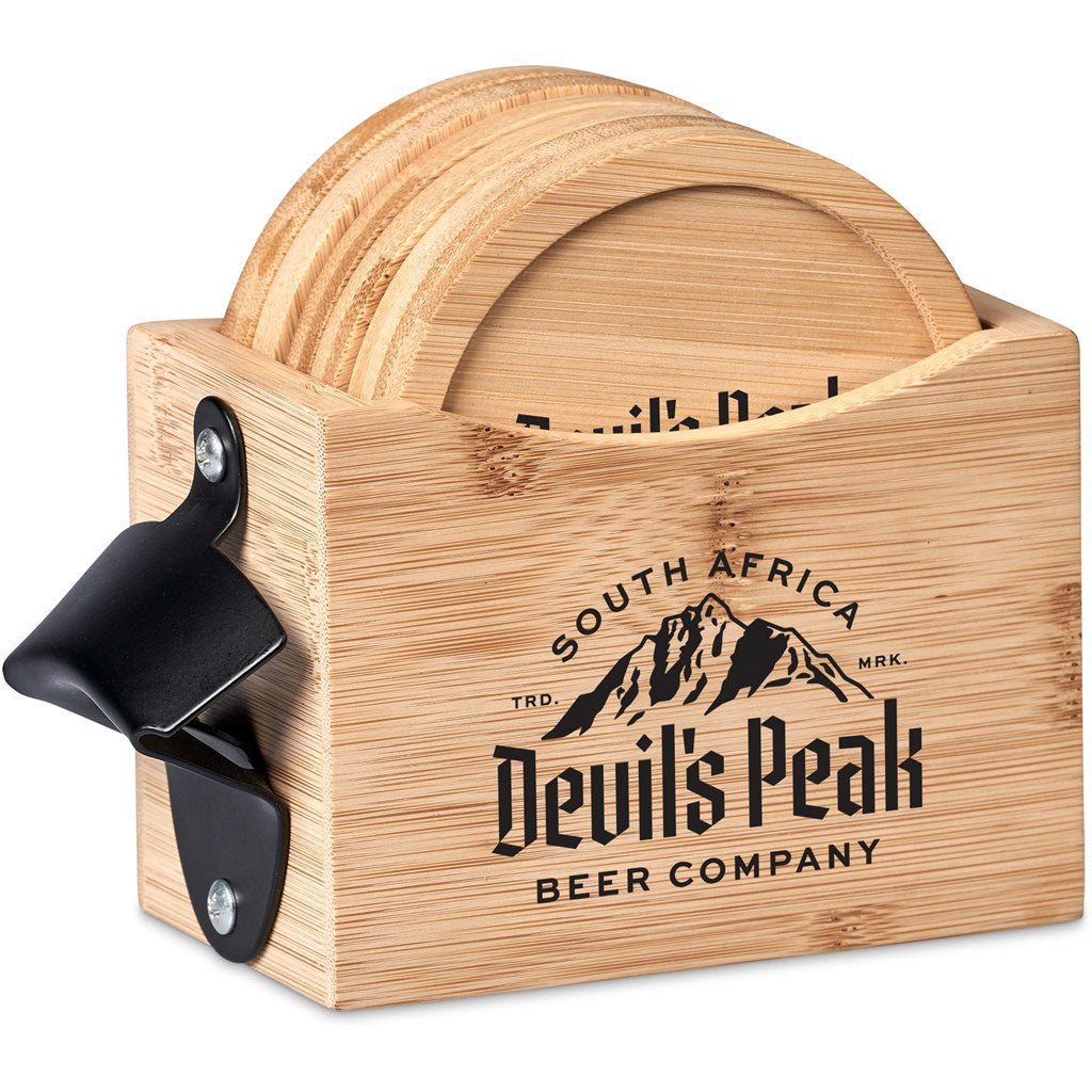 Okiyo Kanpai Bamboo Coaster & Bottle Opener Set Gift - Brand your company Logo! Get a quote - Promo Lingo