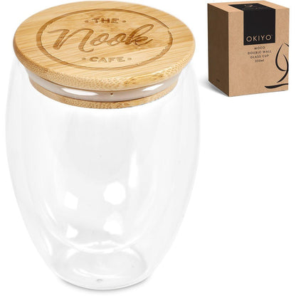 Okiyo Moco Glass & Bamboo Double - Wall Cup - 350ml Stylish - Brand your company Logo! Get a quote - Promo Lingo