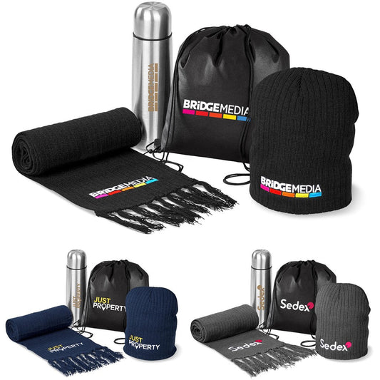Piper Winter Set: Cozy Beanie, Scarf, and Flask Bundle - Brand your company Logo! Get a quote - Promo Lingo