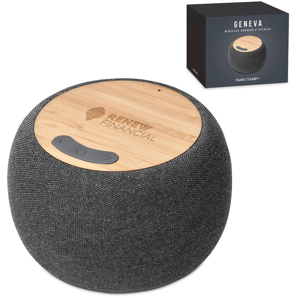 Swiss Cougar Geneva Wireless Charger & Bluetooth Speaker - Brand your company Logo! Get a quote - Promo Lingo